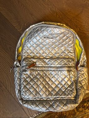 MZ Wallace Metallic Silver Quilted Backpack with Yellow Interior